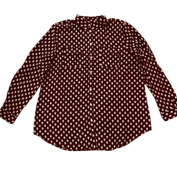 Ann Taylor LOFT Acorn Print Button Down Shirt Cranberry, Size Long Torso, Medium - Picture 7 of 14
